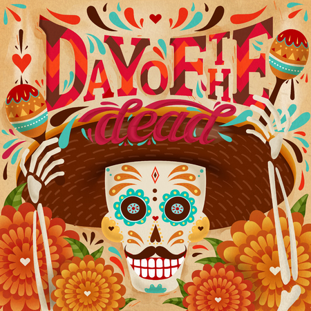 Cheerful day of the dead poster, a skeleton holding maracas with smiley expression, marigold elementsのイラスト素材