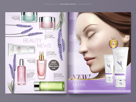 Cosmetic magazine template, lavender cream with beautiful model and top view of skincare products on purple background in 3d illustrationのイラスト素材