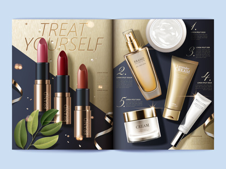 Cosmetic magazine template, top view of makeup and skincare products on geometric background, 3d illustrationのイラスト素材