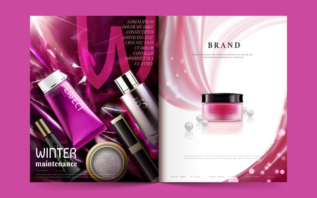 Cosmetic magazine template, fuchsia tone design with attractive skincare product and satin, pearl elements in 3d illustrationのイラスト素材