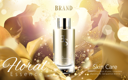 Elegant essence ads, golden color cosmetic container with fluttering chiffon on bright and shining background in 3d illustrationのイラスト素材