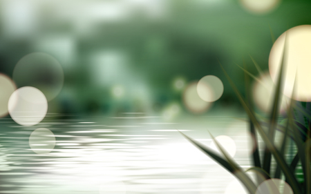 Bokeh lake or pond scene, refreshing nature background with glittering spots and grass in 3d illustrationのイラスト素材