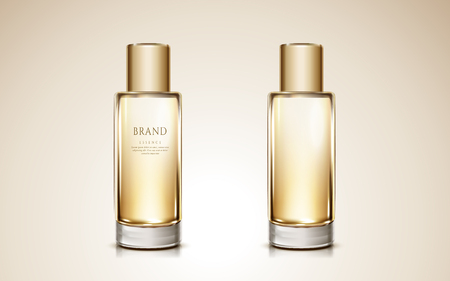 Cosmetic bottle mockup, glass container for toner or essence in gold tone, 3d illustrationのイラスト素材