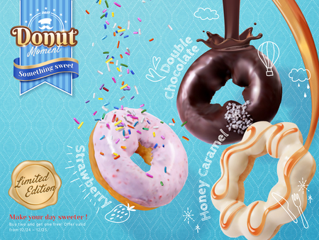 Tasty donut ads, rich toppings and flavor in 3d illustration isolated on blue background, strawberry, chocolate and caramelのイラスト素材