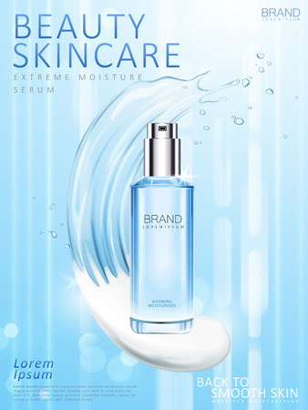 Moisturizing skincare toner ads, blue spray bottle with cream and liquid mix texture in 3d illustrationのイラスト素材