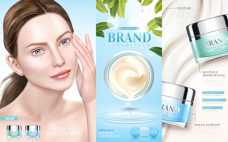 Skin care ads, moisturizing cream serum with an elegant model in 3d illustrationのイラスト素材