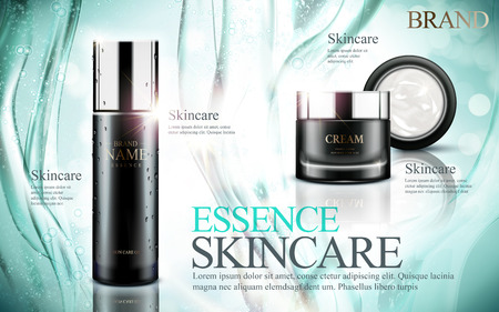 Essence skincare ads, black bottles and cream jar isolated on aquamarine background in 3d illustrationのイラスト素材