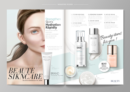 Elegant skin care magazine template, cosmetic products with attractive model.のイラスト素材