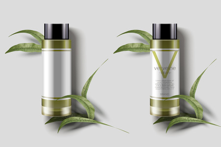 Verbena lotion mockup, blank bottle template with green leaves.のイラスト素材