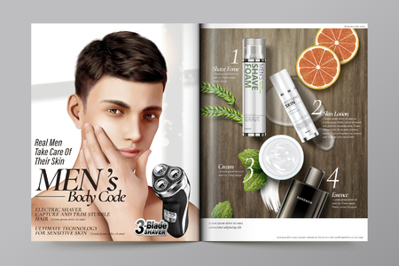 Men's cosmetic magazine template, handsome model with shaver and skincare products on wooden table.のイラスト素材