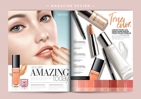 Fashion magazine template, attractive model with spring makeup, lip gloss and nail palette elements in 3d illustrationのイラスト素材