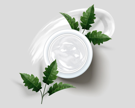 Cream jar with leaves, top view of creamy texture and herbs elements in 3d illustrationのイラスト素材