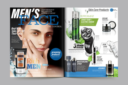 Men's skincare magazine template, handsome model with facial cleanser and shaver products in 3d illustrationのイラスト素材
