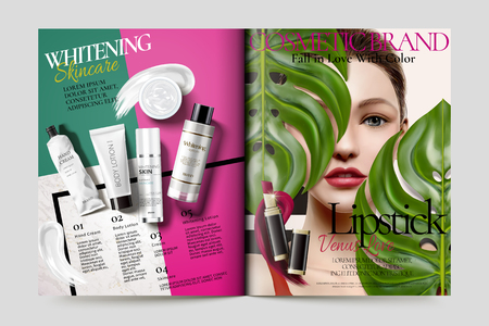 Cosmetic magazine ads, beautiful model with skin care products in 3d illustrationのイラスト素材