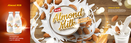Almond milk ads, delicious alternative beverage with splashing milk and almonds in 3d illustration, top view of glass of almond milkのイラスト素材