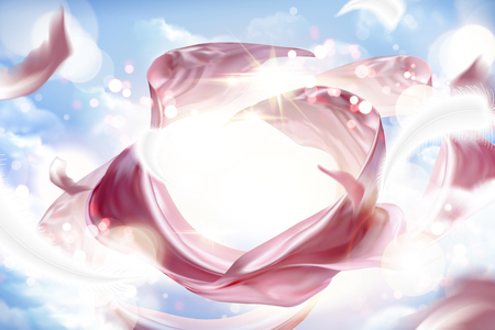 Pink satin decoration, smooth fabric with shimmering effect and flying feathers in 3d illustration, blue sky backgroundのイラスト素材