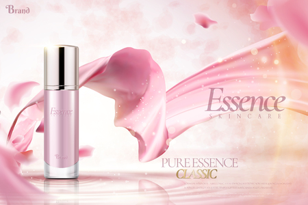 Cosmetic essence ads, pink container with flying satin and petals in 3d illustrationのイラスト素材