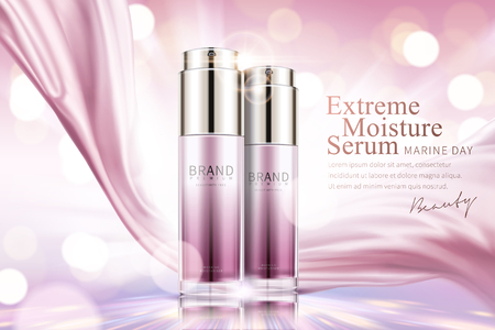 Moisture serum ads, cosmetic spray bottle with pink satin on glowing pink background in 3d illustrationのイラスト素材