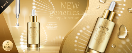 Glowing golden color tone droplet bottle with essence on glossy background with gene model in 3d illustrationのイラスト素材