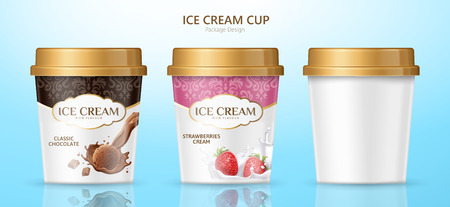 Ice cream cup package design for different flavors on blue background in 3d illustrationのイラスト素材
