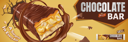 Chocolate bar flying out from crash wall with caramel and nuts fillings in 3d illustrationのイラスト素材
