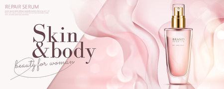 Elegant cosmetic ad with spray bottle on glitter background, chiffon fabric in 3d illustrationのイラスト素材