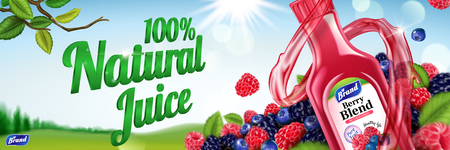 Natural berry blend juice with plenty fruit on bokeh outdoor background in 3d illustrationのイラスト素材