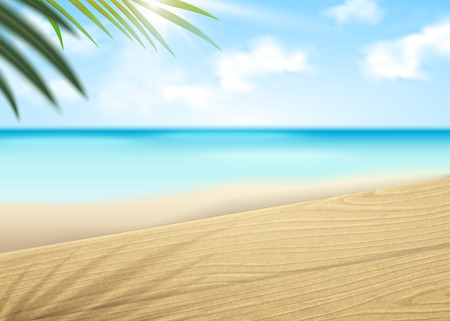 Beautiful beach scene bokeh background in 3d illustration with wooden table elementsのイラスト素材
