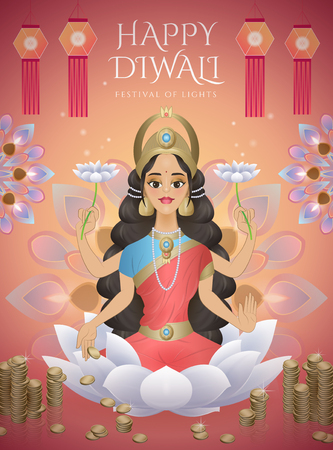Happy Diwali design with goddess Lakshmi sitting on white lotus and surrounded by money and oil lampsのイラスト素材
