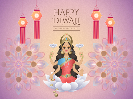 Happy Diwali design with goddess Lakshmi sitting on white lotus and surrounded by oil lampsのイラスト素材