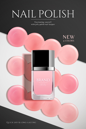 Fashion nail lacquer poster with pink liquid and glass bottle in flat layのイラスト素材