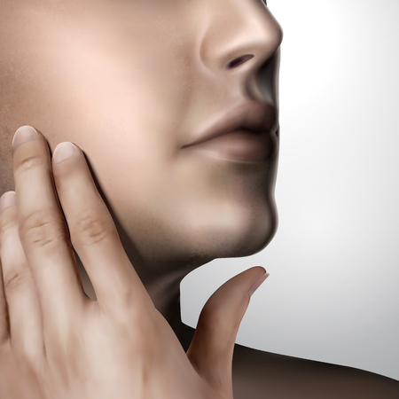 Handsome man caresses his own face in 3d illustration, skin care conceptのイラスト素材