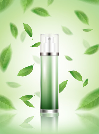 Green tea spray toner mockup with refreshing leaves flying in the air in 3d illustrationのイラスト素材