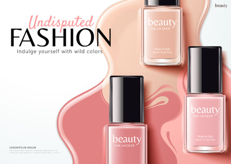 Fashion nail lacquer ads with pink series product in flat lay angle, 3d illustrationのイラスト素材
