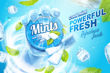 Cool mints ads with frozen hand holding the product in the blizzard, flying ice cubes and mint leaves in 3d illustrationのイラスト素材