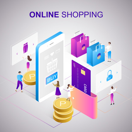 Online shopping concept 3d isometric projectionのイラスト素材