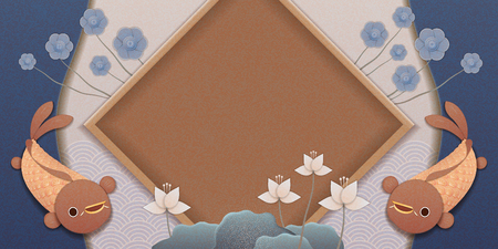 Lunar year design with fish and plum flower on blue and light purple backgroundのイラスト素材