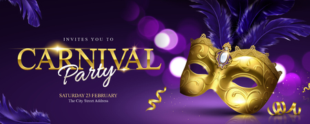 Carnival party banner design, golden mask with purple feathers in 3d illustration on glittering bokeh backgroundのイラスト素材