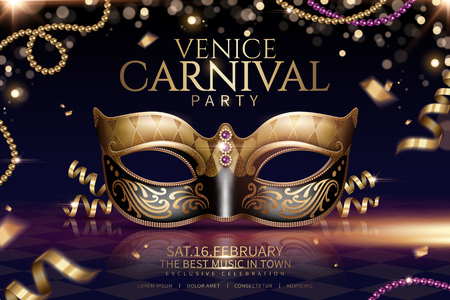 Venice carnival glamours design with beautiful mask in 3d illustration on sparkling particle backgroundのイラスト素材