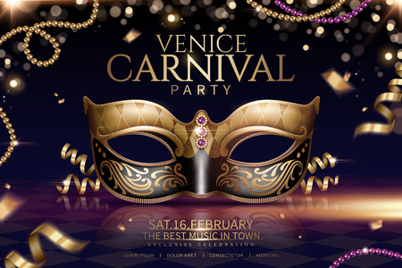 Venice carnival glamours design with beautiful mask in 3d illustration on sparkling particle background