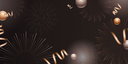 Party celebration banner design with firework and streamers