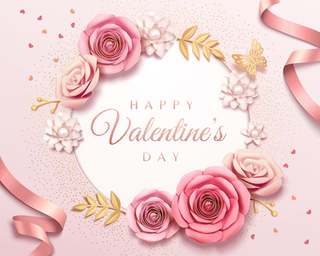 Happy Valentine's Day paper floral card template in 3d illustrationのイラスト素材