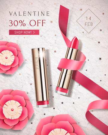 Happy Valentine's sale poster with paper flower and golden lipstick on marble stone background in 3d illustrationのイラスト素材