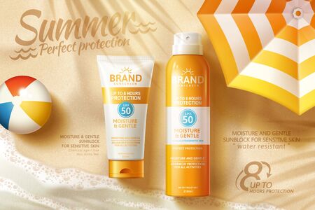 Sunscreen spray and tube ads laying on summer beach with parasol in 3d illustrationのイラスト素材