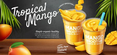 Mango smoothie banner ads on blackboard and wooden table background in 3d illustrationのイラスト素材