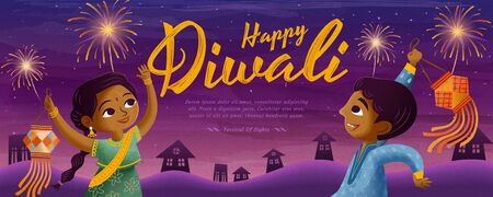 Happy Diwali design with children holding traditional lantern and enjoying fireworks on purple backgroundのイラスト素材