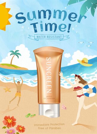 3d illustration summer sunscreen product with lovely doodle style beach scene posterのイラスト素材