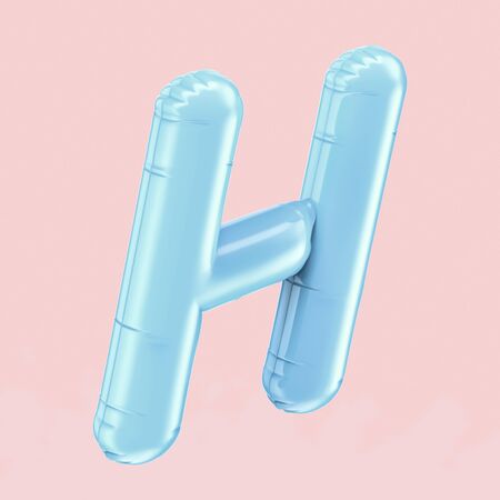 Baby blue balloon right tilt letter H isolated on pink background, 3d renderingの写真素材