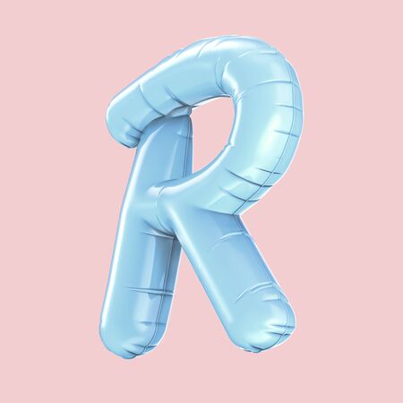 Baby blue balloon left tilt letter R isolated on pink background, 3d renderingの写真素材