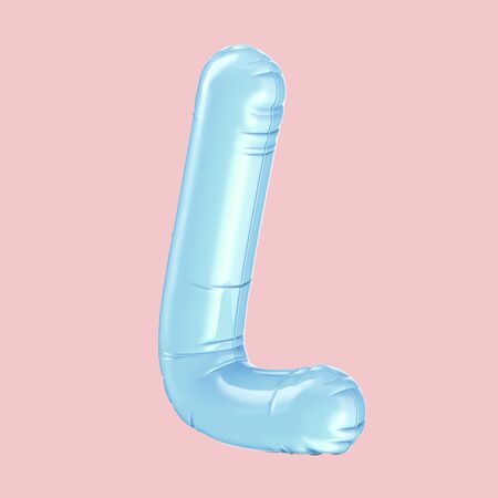 Baby blue balloon left tilt letter L isolated on pink background, 3d renderingの写真素材